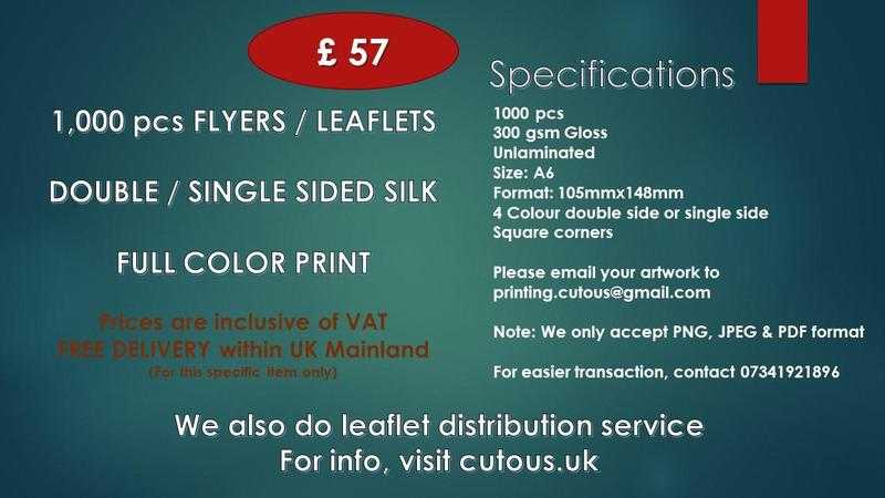 1000 pcs FLYERS  LEAFLETS 300 gsm GLOSS FULL COLOR PRINT