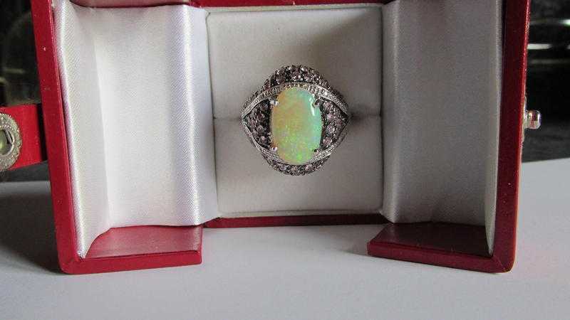 14ct white gold fiery opal amp diamond ring