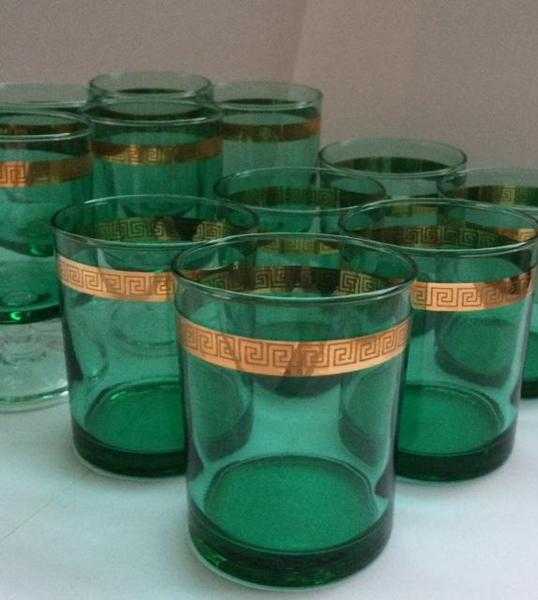 1970s Set of Twelve Green Gilt Glasses