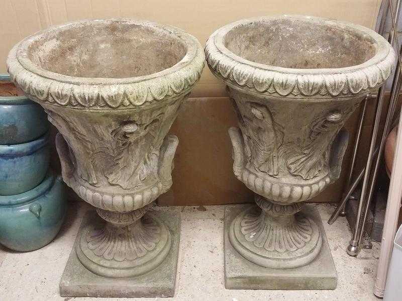 2 large, stone effect, classical garden urn planters