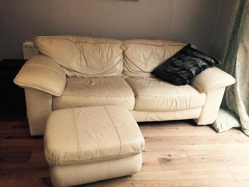 2 luxury cream leather sofas and poof for sale