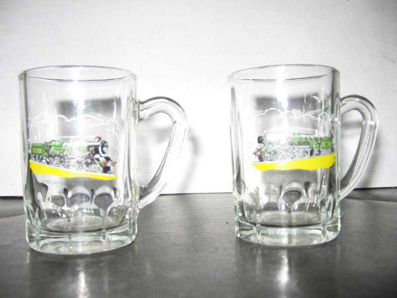 2 Miniature Glass Mugs with Train Prints