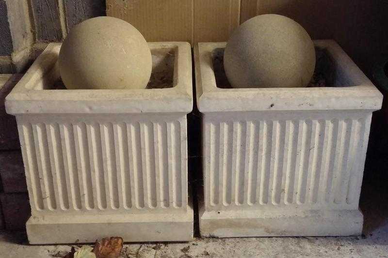 2 modern ornamental stone effect garden planters with balls