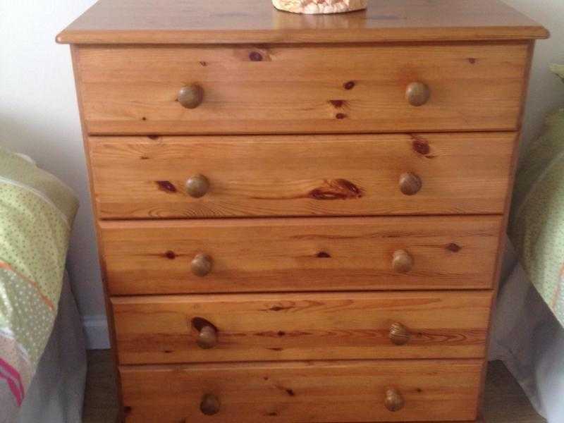 2 Pine 5 Drawer Chest of Drawers, Pine Book Shelf and  SingleDouble Bed