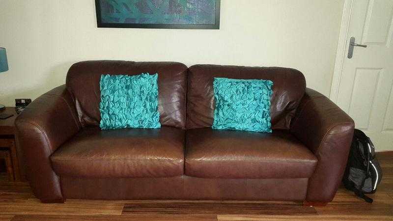 2 seater and 3 seater brown leather sofas