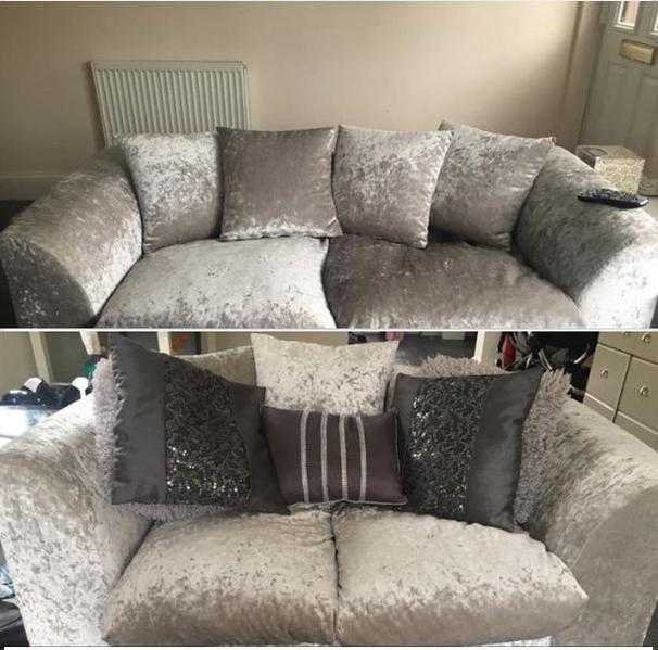 2 SEATER and 3 SEATER SILVER VELVET SOFAS