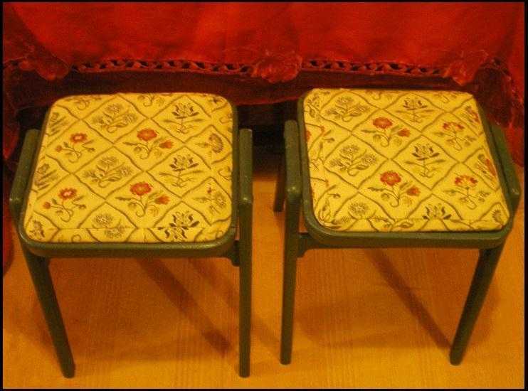 2  stackable stools. Toned down blue colour and pretty embroidered seat