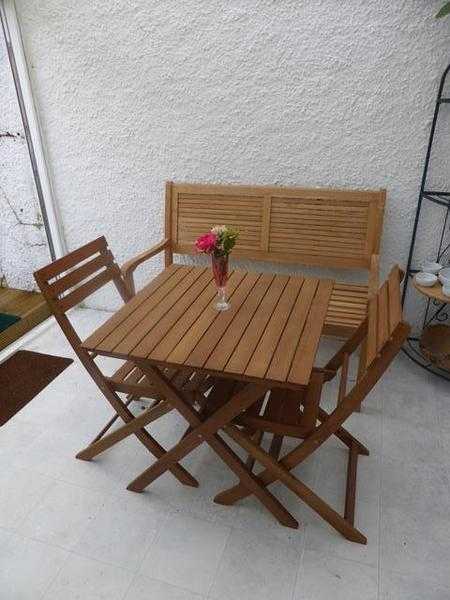 2 Teak folding tables and 4 chairs (can split)