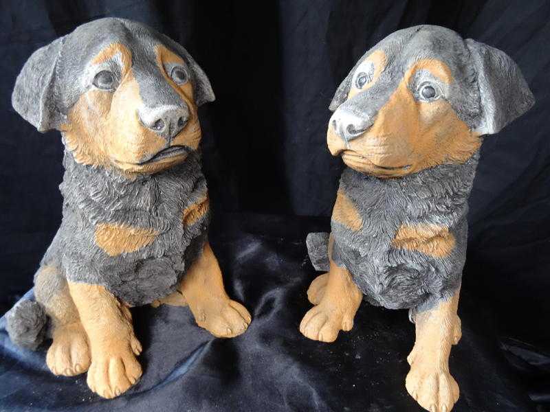 2 Vintage Small English Stone Animal Rottweiler Guard Dog Pup Garden Statues