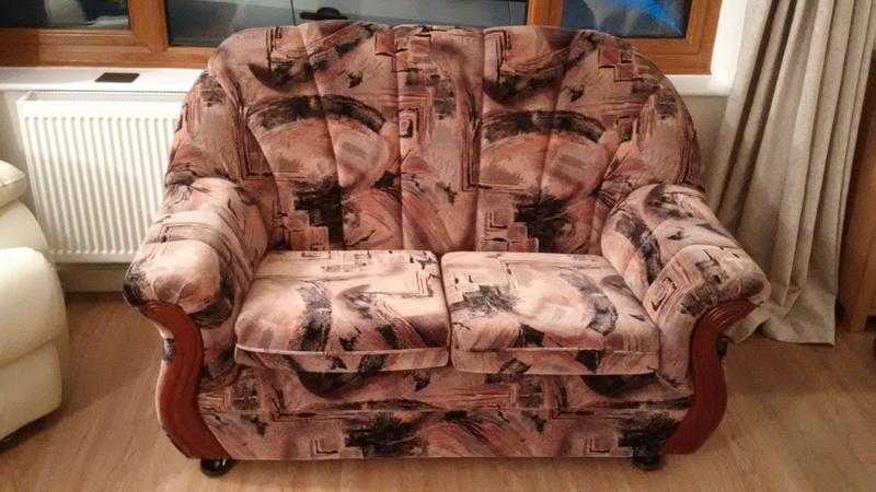 2 X 2 seater sofas and armchair,old fashioned style with whaky design fabric v good clean condition.