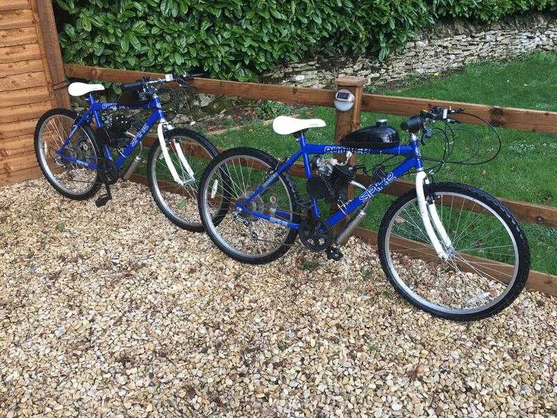 2 x Adult mountain bikes with 80cc petrol engines fitted scooter motorbike