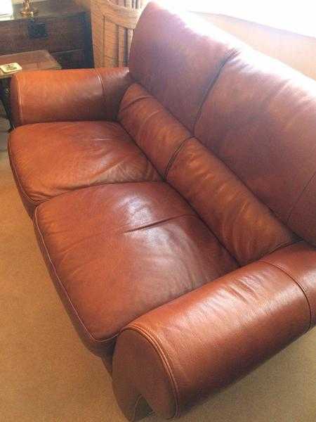 2 x brown leather sofas, 1 x 3 seater amp 1 x 2 seater with foot stool
