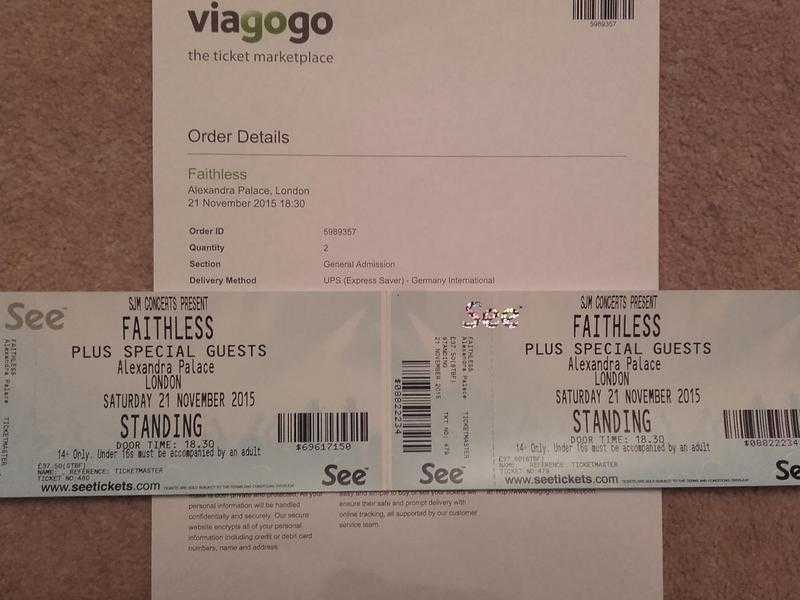 2 X FAITHLESS TICKETS 211115 ALEXANDRA PALACE