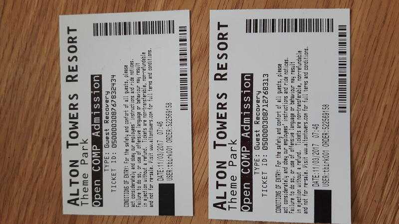 2 x Open dated Alton Towers tickets for 2017 season.