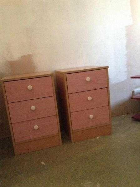 2 X pink fronted 3 draw pine bedside tables