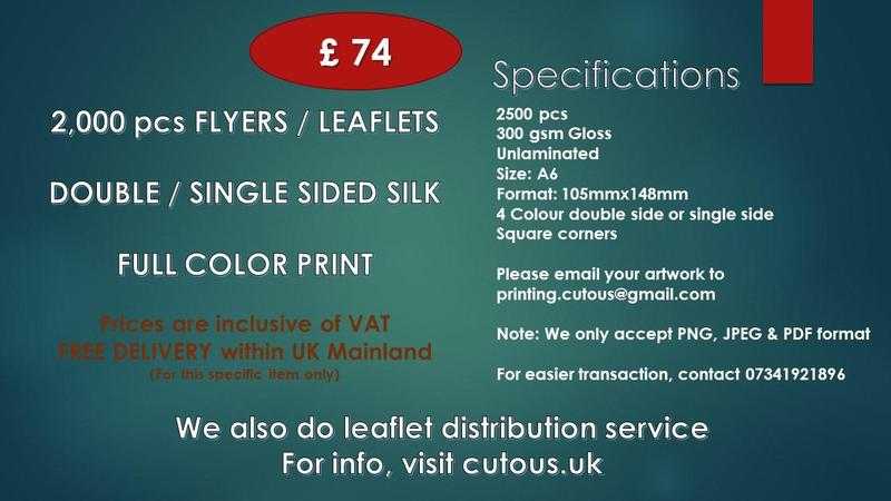 2500 pcs FLYERS  LEAFLETS 300 gsm GLOSS FULL COLOR PRINT