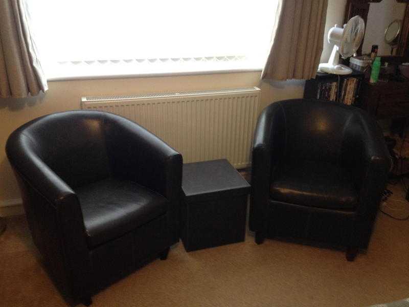 2x Brown leather tub chairs. Tel 01424 819075