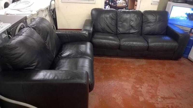 3  2 Real Black Leather Suite for sale
