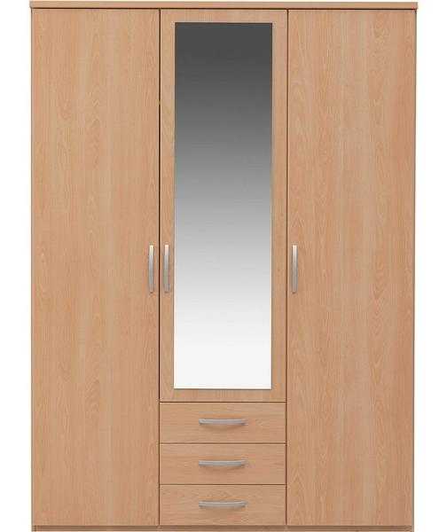 3 door 3 drawer mirrored beech effect wardrobe