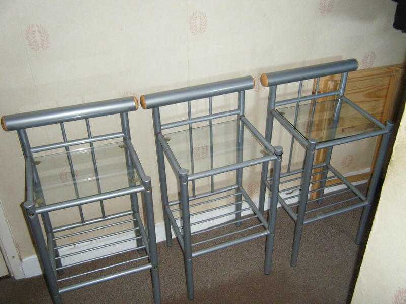 3 MODERN STYLISH TUBULAR AND GLASS  2 SHELF BEDSIDE TABLES.