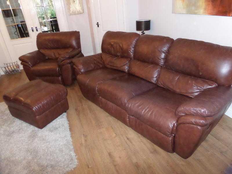 3 Piece Suite Recliner Chair, Recliner Sofa and Foot Stool In Brown Leather.
