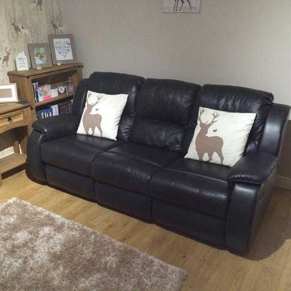 3 seater and 2 seater black leather reclining sofas