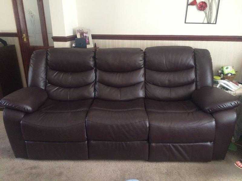 3 seater brown leather recliner sofa