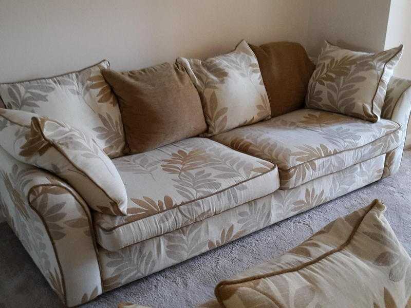 3 seater designer fabric patterned sofa, chair and foot stool in good condition