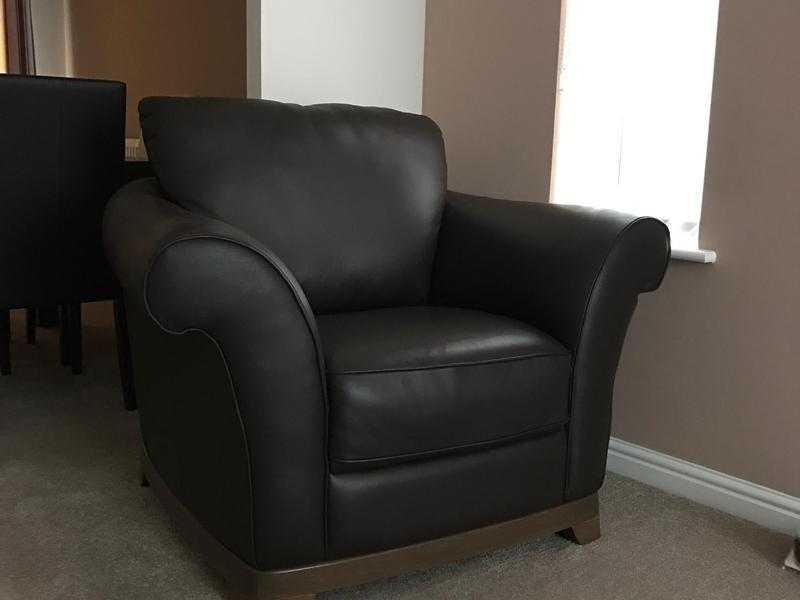 3 seater sofa, single arm chair and footstool (all dark brown leather)