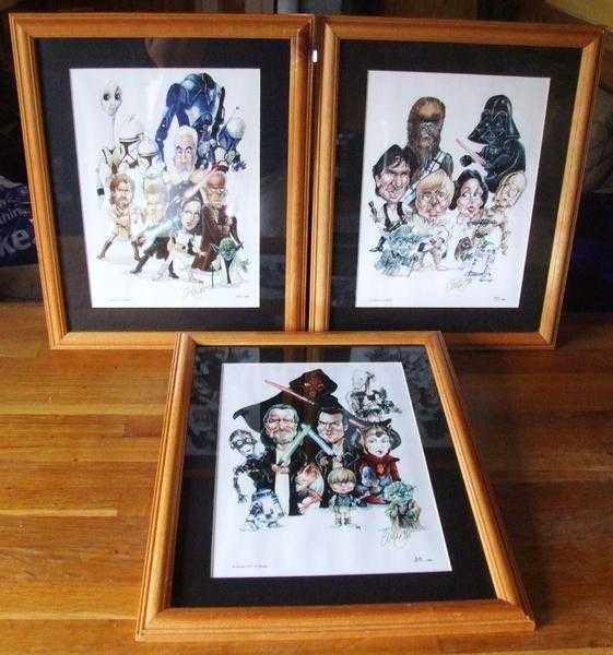 3 x STAR WARS signed framed caricatures pictures.