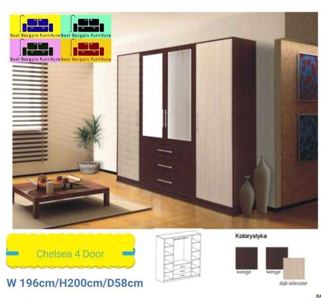 30 DAYS MONEY BACK GUARANTEE CHELSEA 4 DOOR WARDROBE WITH 3 DRAWS AND 2 MIRRORS . VALUE FOR MONEY