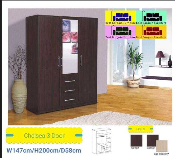 30 days money back guranteeCHELSEA 3 door, 3 draws and mirror wardrobe,value for money,great offer