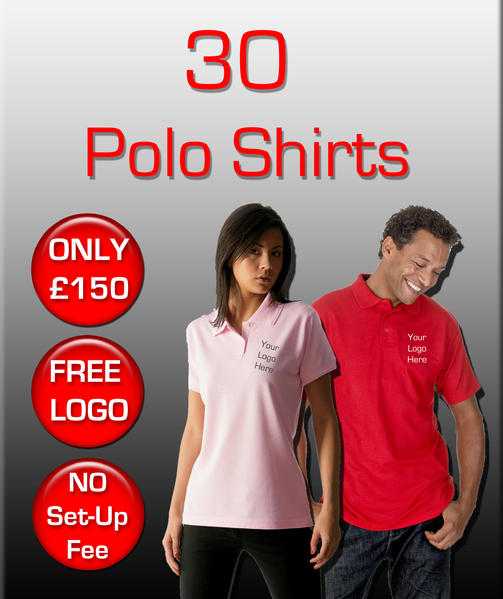 30 POLO SHIRTS INCLUDING LOGO PRINTED OR EMBROIDERED. CAN MIX SIZES