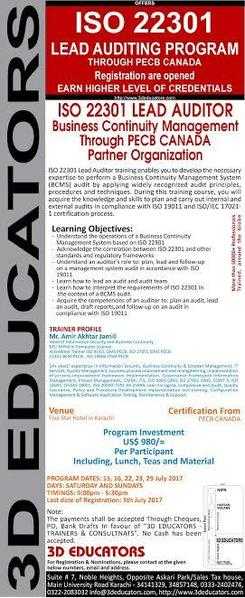 3D Educators quotISO 22301-Lead Auditing Programquot Karachi,Pakistan