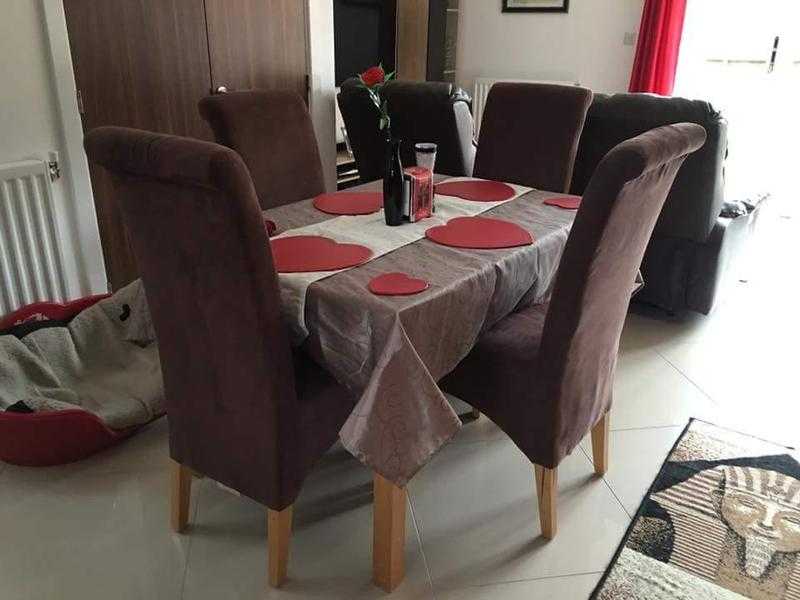 4 x Brown suede feel chairs and beech wood table