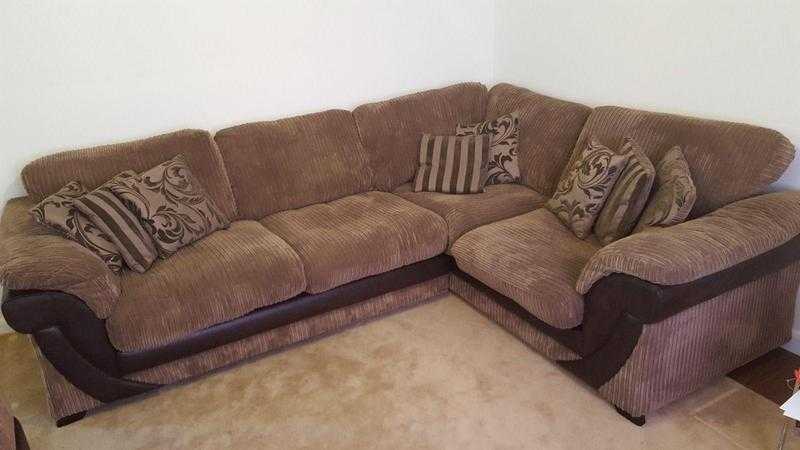 5 Seater Divine DFS Mocha Corner Sofa with 8 cushions and Storage pouffe