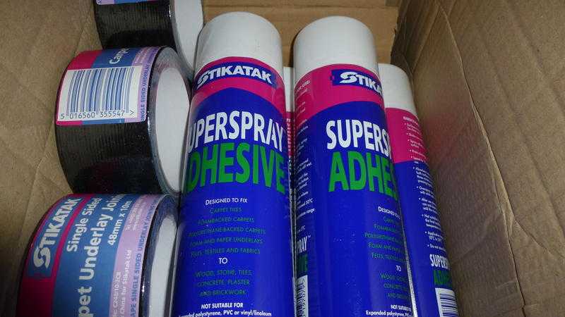 5 x Stikatak Super Spray Adhesive 500ml cans and  3 x Single Sided Carpet Underlay Joining Tape