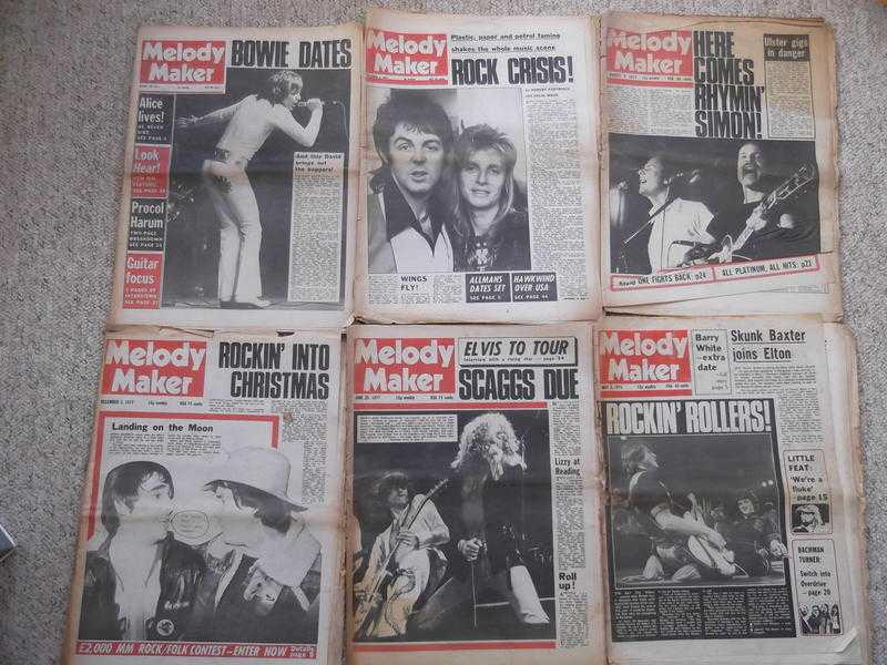 6 Melody Maker magazines - March and December 1973, May and August 1975, June and December 1977