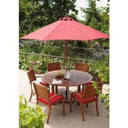 6 Seater solid Eucalyptus 150 cm circular table with 6 solid wood chairs amp large red parasol