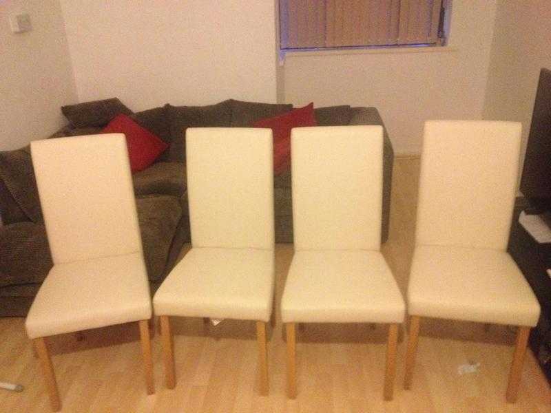 6 skirted cream chair(faux leather) - hardly used 80 Add large table 130 only.