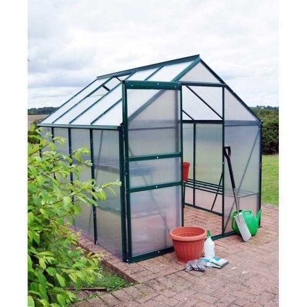 6 x 8 Green Aluminium Greenhouse with base frame and staging - Brand New