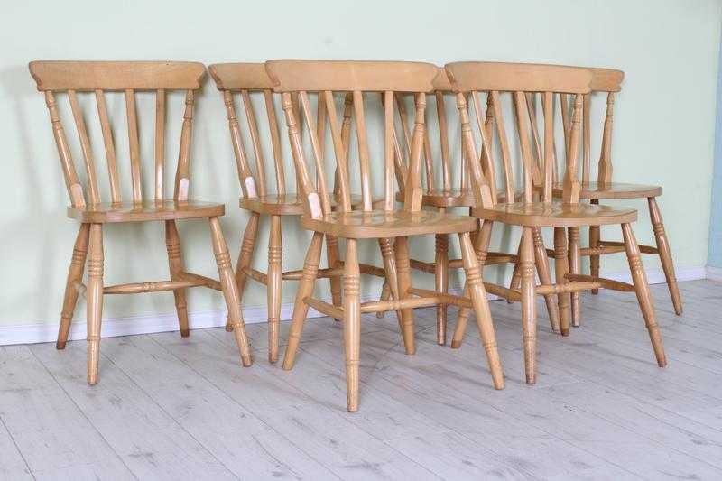 6 X BEECH SLAT BACK FARMHOUSE KITCHEN CHAIRS - CAN COURIER