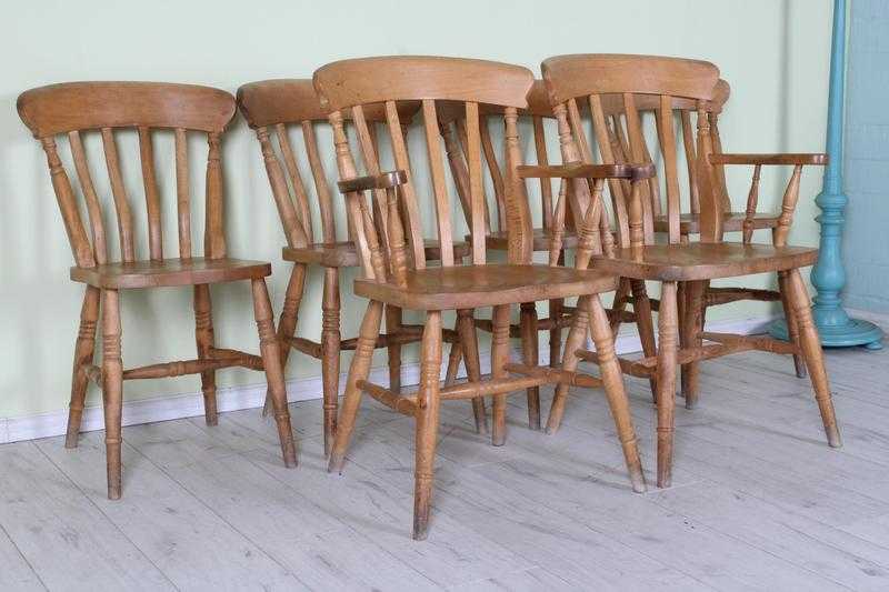 6 X RUSTIC FARMHOUSE SOLID BEECH CHAIRS INCL 2 CARVERS - CAN COURIER FREE LOCAL DELIVERY