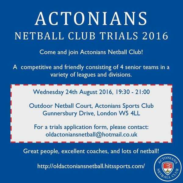 ACTONIANS NETBALL CLUB - looking for new players, all positions