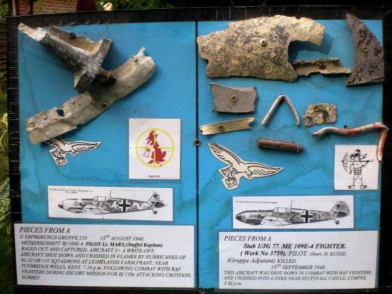 Air frame and engine parts from two Messerschmitt Bf109E-4s shot down in Battle of Britain