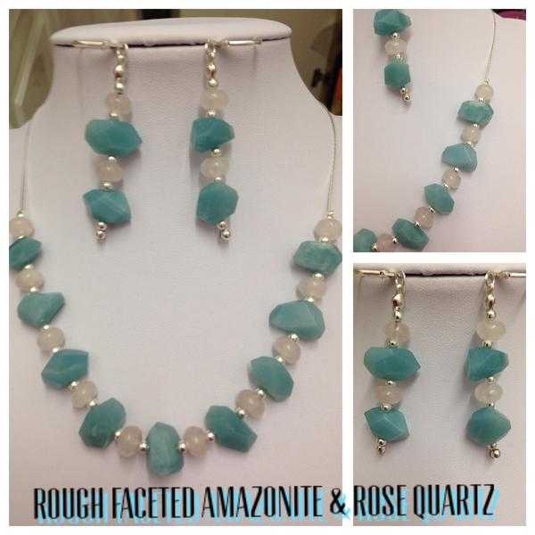 amazonite and rose quartz jewellery, amazonite and rose quartz necklace and earrings