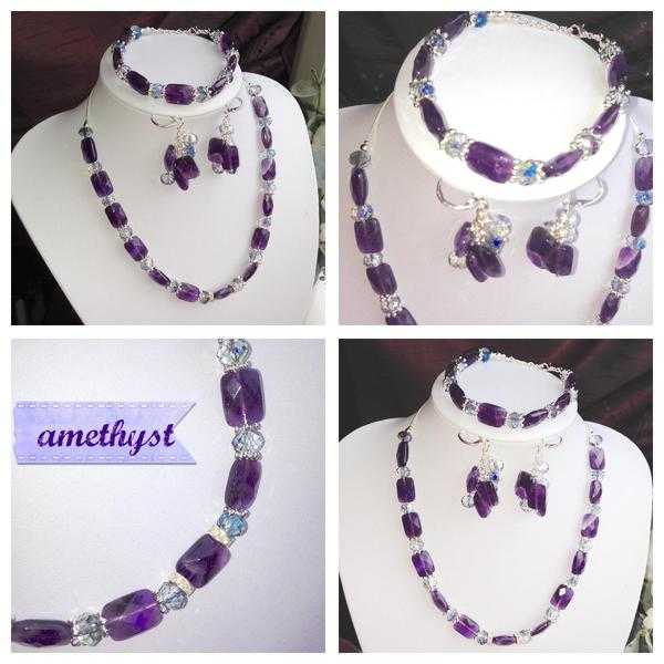 amethyst jewellery set, matching necklace earring and bracelet, luxury handmade amethyst jewellery