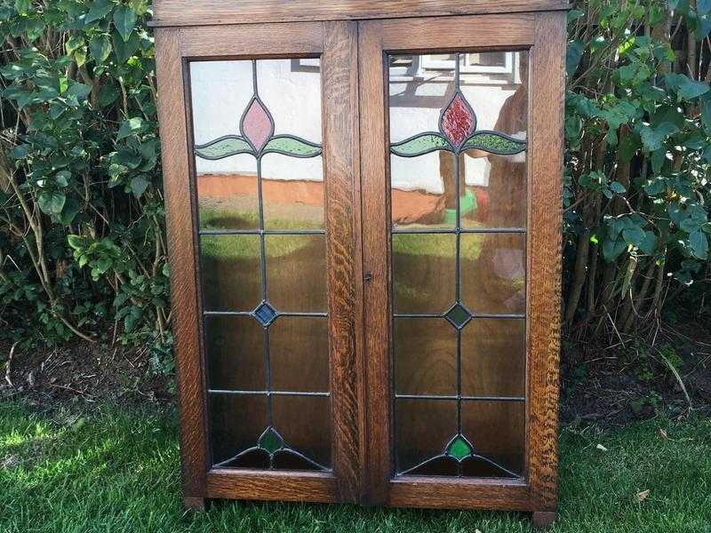 An Antique Solid Oak Stained Leaded Glass Cabinet - Excellent Condition