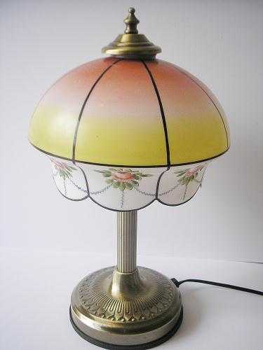 Antique Brass effect touch lamp with coloured glass shade
