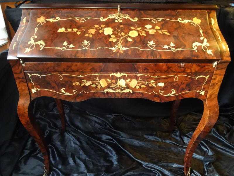 Antique French Louis XV Style Bureau De Dame Burr Walnut Marquetry Writing Desk